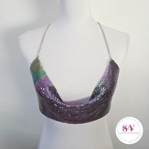Colorful sequin crop halter top with silver chain straps